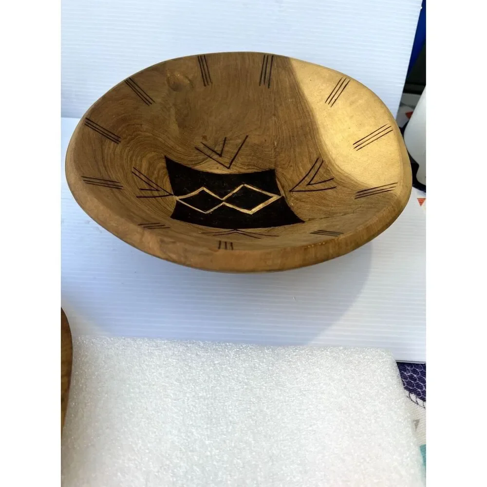Wood Bowls Hand Carved/Painted/Incised 3 Bowls Each Different Rustic Boho